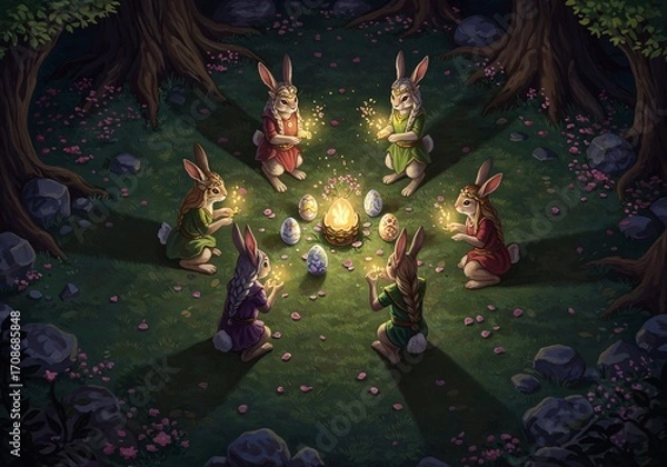 Fototapeta Easter Bunny Gathering: A magical scene unfolds as a group of enchanting bunnies gather around a glowing campfire. The bunnies, in their finest attire.
