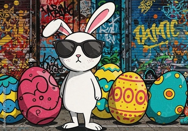 Fototapeta Stylish Easter Bunny: A cool, animated Easter bunny with sunglasses stands confidently amidst vibrantly painted Easter eggs in front of a graffiti-covered backdrop.