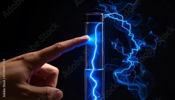 Obraz A hand touches a glass tube, generating electric sparks