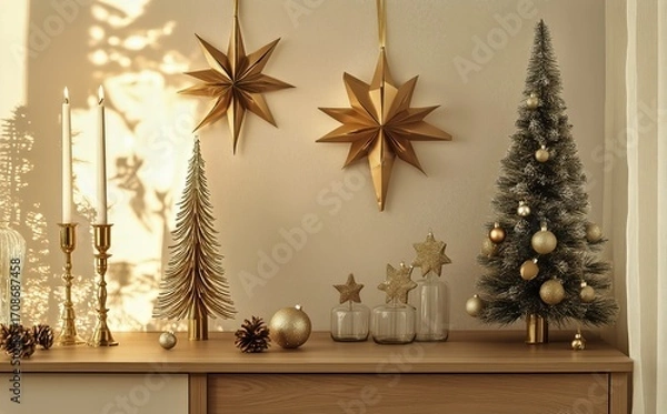 Fototapeta Warm and Cozy Holiday Decorations With a Small Tree and Elegant Candlelight in a Modern Interior.
