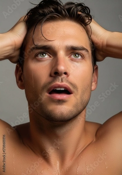 Fototapeta Close Up Portrait of Surprised Man with Hands on Head and Intense Expression
