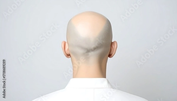 Fototapeta Bald man's back view against a plain backdrop