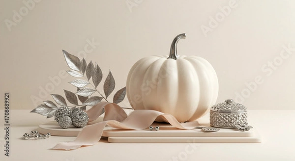 Fototapeta Stylish composition with a white pumpkin, silver decor and silk ribbon