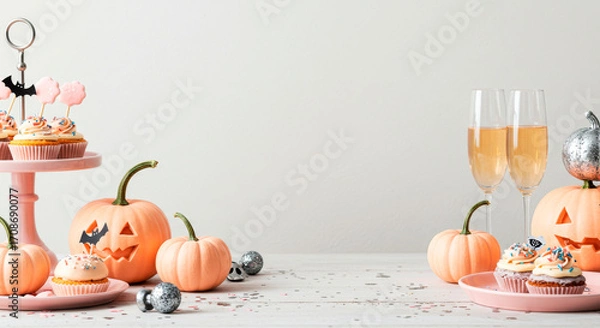 Fototapeta Pastel Halloween party table with cupcakes, festive pumpkins, and champagne glasses