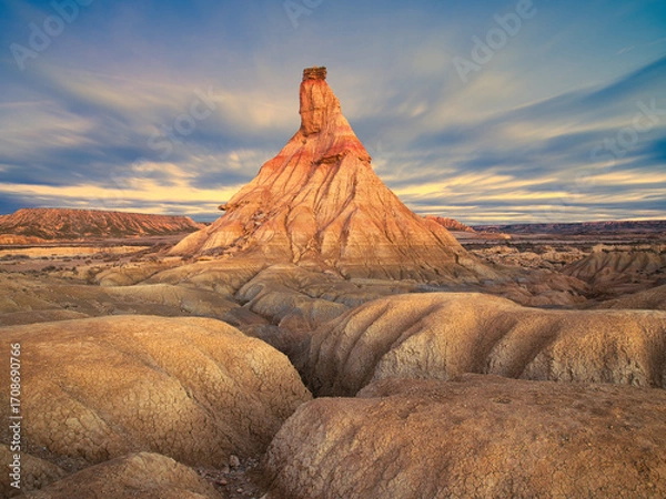 Obraz Bardenas Reales desert at blue hour - A long exposure shot of the iconic Castildetierra rock formation in Bardenas Reales, a semi-desert badlands in Spain.