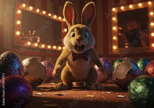 Fototapeta Enthralled Easter Bunny: A wide-eyed bunny wearing a dapper bowtie, surrounded by a vibrant collection of cracked Easter eggs in a whimsically enchanting setting.