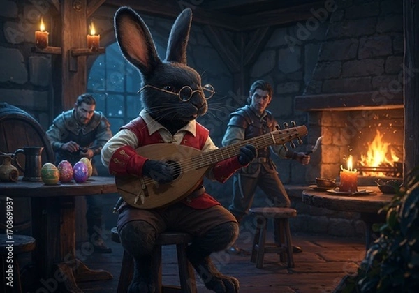Fototapeta A Rabbit Bard Playing Lute in Tavern: A sophisticated rabbit, adorned in spectacles and fine attire, passionately plays the lute in a cozy, dimly lit tavern.