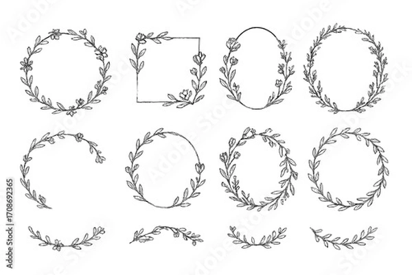 Fototapeta Line Floral Wreaths. Line style icons of blooming frames and wreaths: circle flower wreath, square floral frame, oval bloom