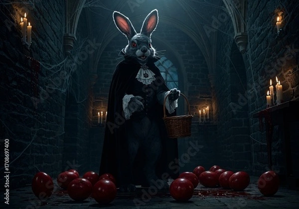 Fototapeta Mysterious Masquerade: A bizarre figure, adorned with the ears of a rabbit and dressed in vintage robes, is illuminated by candlelight, standing within a gothic chamber and holding an oval container.
