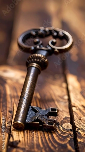 Obraz Antique key on rustic wooden surface