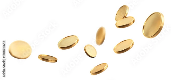 Fototapeta Shiny blank gold coins, tokens, or chips, flying in the air, isolated on transparent cutout background