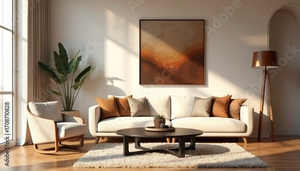 Fototapeta Stylish living room interior features modern furniture, including plush sofa, armchair. Abstract framed poster hangs on wall above sofa. Natural light streams through large windows, illuminating