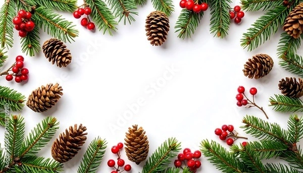 Obraz Pine branches, red berries, and pinecones frame a white backdrop in a festive design