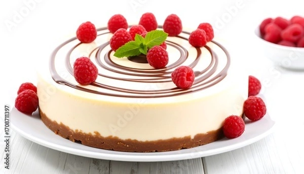 Fototapeta Creamy cheesecake topped with raspberries and chocolate
