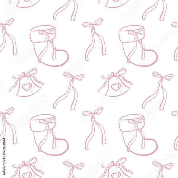 Fototapeta Coquette core Christmas seamless pattern. Hand drawn line pink isolated Christmas stocking, bell and ribbon bow on transparent background. Whimsical print.
