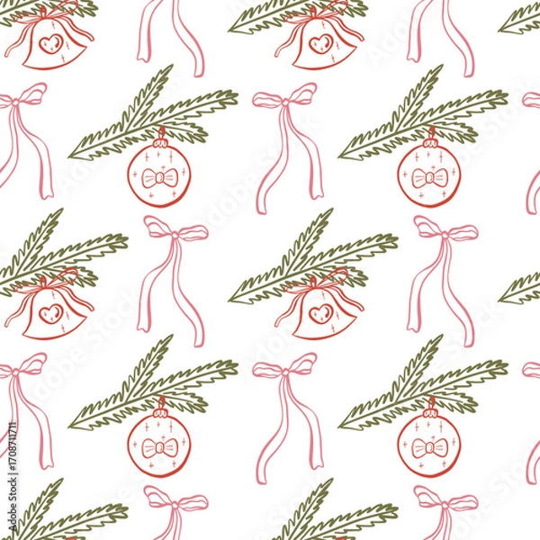 Fototapeta Coquette core Christmas seamless pattern. Hand drawn line isolated Christmas spruce branch, bell and ball. Whimsical print.