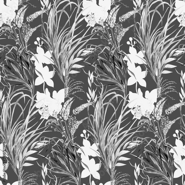 Fototapeta Botanical seamless pattern with graceful flowers and orchid sulhouettes for textiles (2). High quality photo