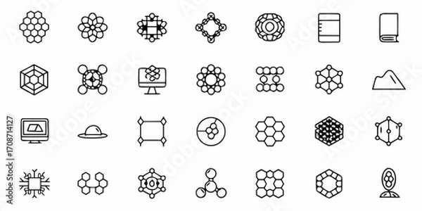 Fototapeta Vibrant collection of scientific and abstract geometric icons representing molecules, crystals, and data structures for innovative technology and research themes