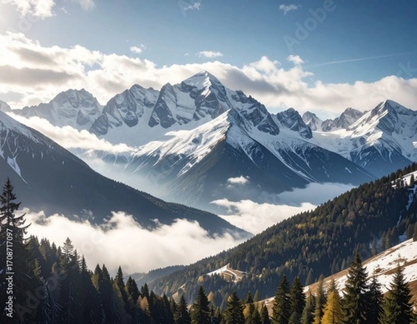 Obraz Sunlit snow covered mountain range towering over a misty valley forest.