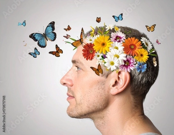 Obraz Surreal portrait of a mans creative mind blooming with flowers and butterflies.