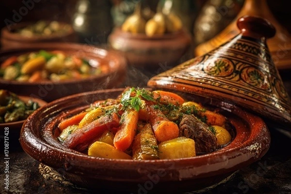 Obraz Traditional Moroccan tagine with vegetables and meat served in a ceramic dish at a cozy restaurant in the evening