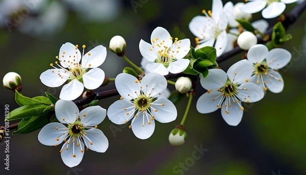 Obraz Blossoming branch with white five-petal flowers with yellow centers against green bokeh