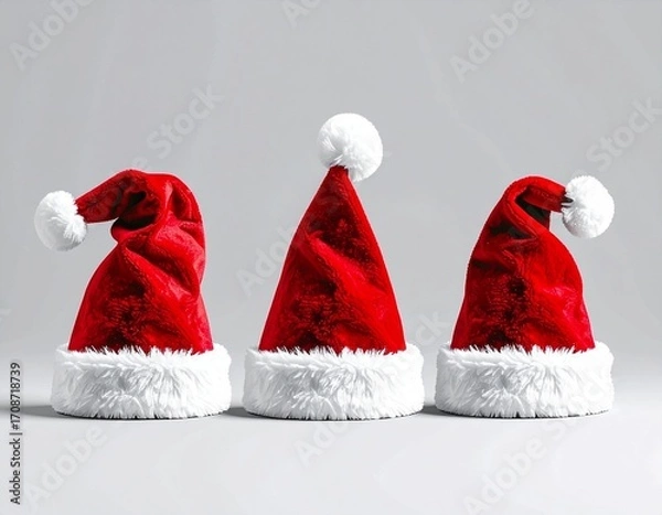 Obraz Three Red Santa Hats on Gray Background.