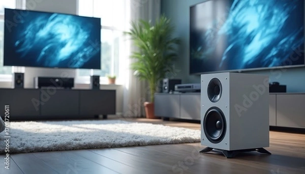 Fototapeta Modern home theater setup featuring large screens, speakers. Includes subwoofers, AV receiver for immersive audio. Enhance listening experience with advanced acoustic technology for superior sound.