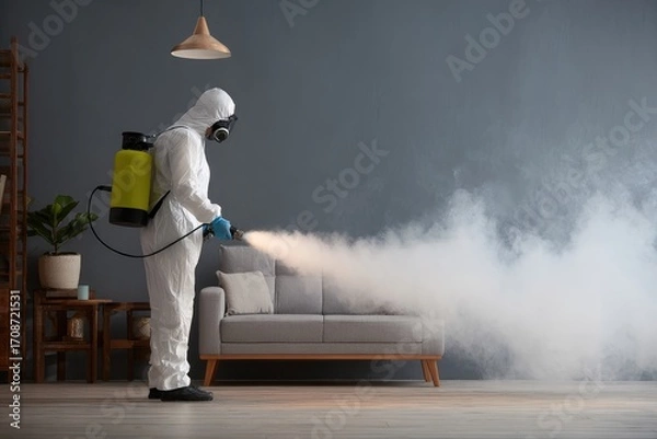 Obraz Professional disinfecting service performing sanitation in a modern living room during daytime