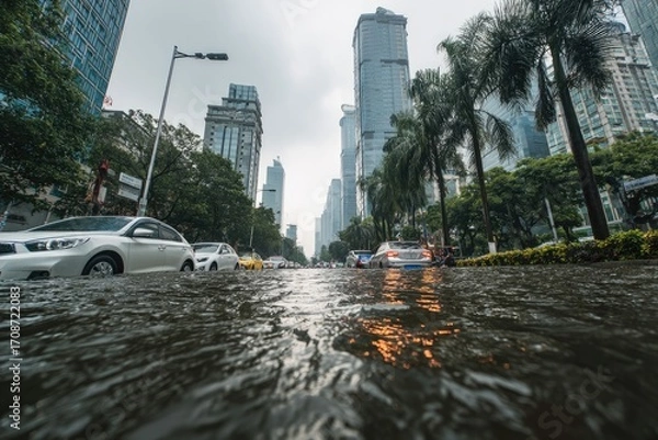 Obraz Heavy rain creates flooded street in busy urban area with tall buildings and vehicles in Mexico City