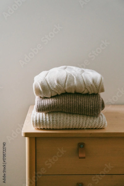 Fototapeta Stack of folded warm knitted sweaters in beige, brown and white tones placed on a dresser. Cozy autumn and winter mood.