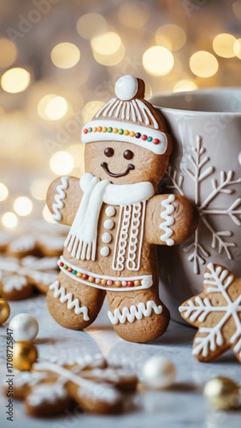 Fototapeta  A decorated gingerbread man cookie standing next to a white ceramic mug.
