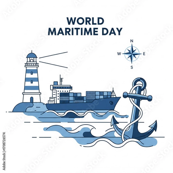 Fototapeta Celebrate World Maritime Day with a vibrant scene of a cargo ship sailing past a lighthouse, anchored by a classic nautical symbol, perfect for promoting global trade and ocean awareness.