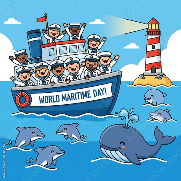 Fototapeta Joyful children in sailor outfits celebrate World Maritime Day on a boat with dolphins and a whale, guided by a friendly lighthouse