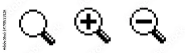 Fototapeta Pixel magnifying glass icons, search zoom in and zoom out symbols, vector illustration, Pixel art.