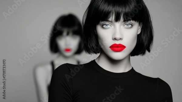 Fototapeta Woman with short hair and red lipstick stands in front of a black background. The image has a bold and confident mood, with the woman's striking features