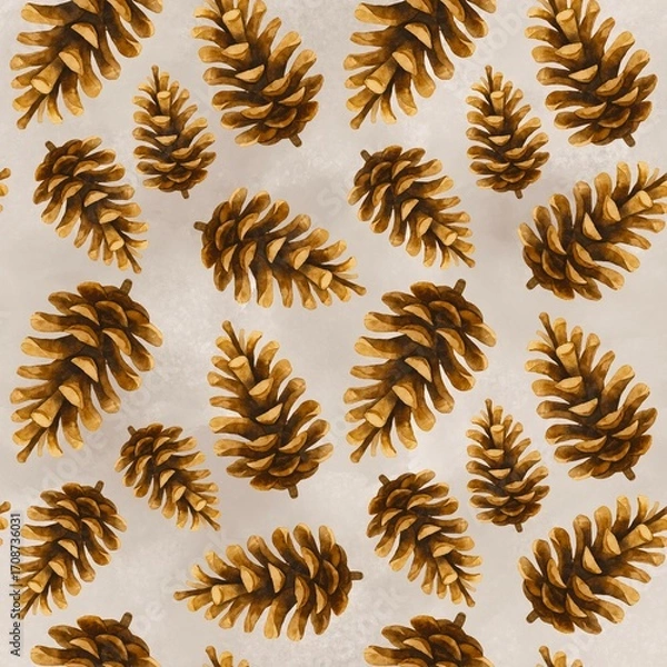 Fototapeta Watercolor pine cones seamless pattern on beige background