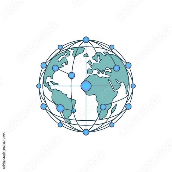 Fototapeta Globe with interconnected blue nodes and grid lines on black background earth world isolated on a transparent background