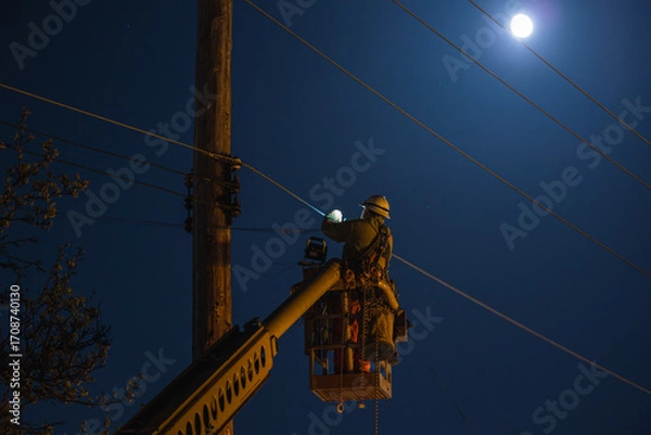 Fototapeta Elevated Electrical Worker Working on Electric Cables