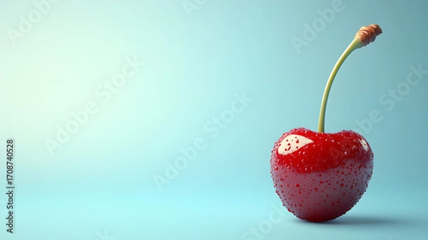 Fototapeta A single ripe red cherry with a long green stem stands out against a soft pastel blue background with ample copy space