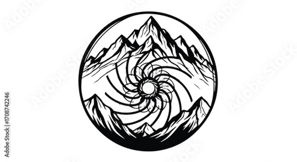 Fototapeta Mysterious vortex of light amidst rugged mountain peaks in a circular emblem