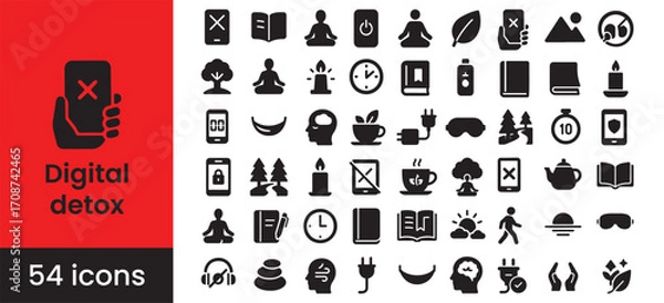 Fototapeta Digital detox icon set for mindfulness, wellness, and health; unplug and relax with meditation for mental wellbeing. This collection includes symbols for nature, reading, and disconnecting 