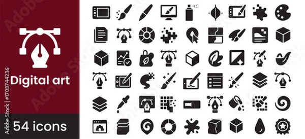 Fototapeta Digital art and graphic design icon set featuring creative vector software tools for illustration projects, including pen, brush, and tablet symbols for artists.

