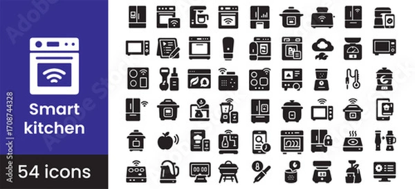 Fototapeta Smart kitchen icon set for home automation and modern cooking technology, featuring smart appliance and device symbols for IoT. This solid glyph collection illustrates connected home concepts, perfect