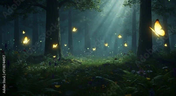 Fototapeta Mystical forest pathway with glowing butterflies