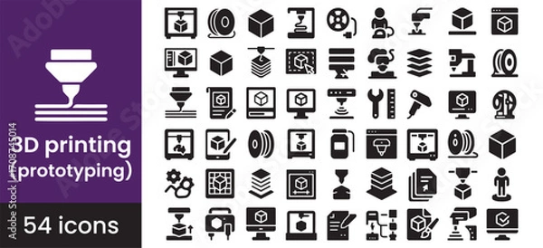 Fototapeta 3D printing icon set for technology and manufacturing, featuring a printer, 3D model, and prototype symbols for engineering design. Solid glyph icons illustrate additive manufacturing, rapid prototype