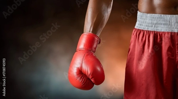 Fototapeta Man wearing a red boxing glove is holding it up in the air. Concept of strength and determination, as the boxer is ready to engage in a fight