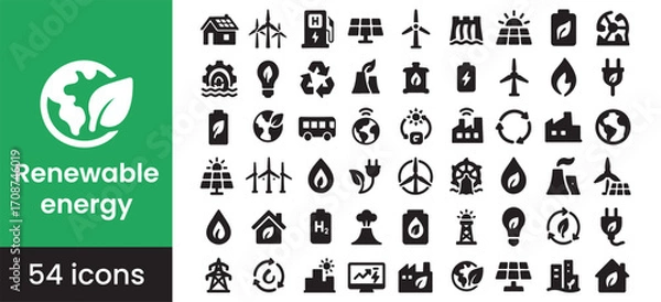 Fototapeta Renewable energy icon set for eco and sustainable green power sources like solar and wind. This solid glyph collection for the environment includes symbols for clean energy, conservation, and ecology