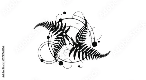 Fototapeta Elegant fern frond arrangement with abstract geometric shapes and circles, symbolizing nature and design.