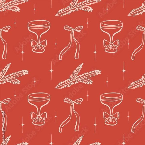 Fototapeta Coquette core Christmas and New Year seamless festive pattern. Hand drawn line contour Margarita cocktail glass and ribbon bow on red background. Whimsical print.